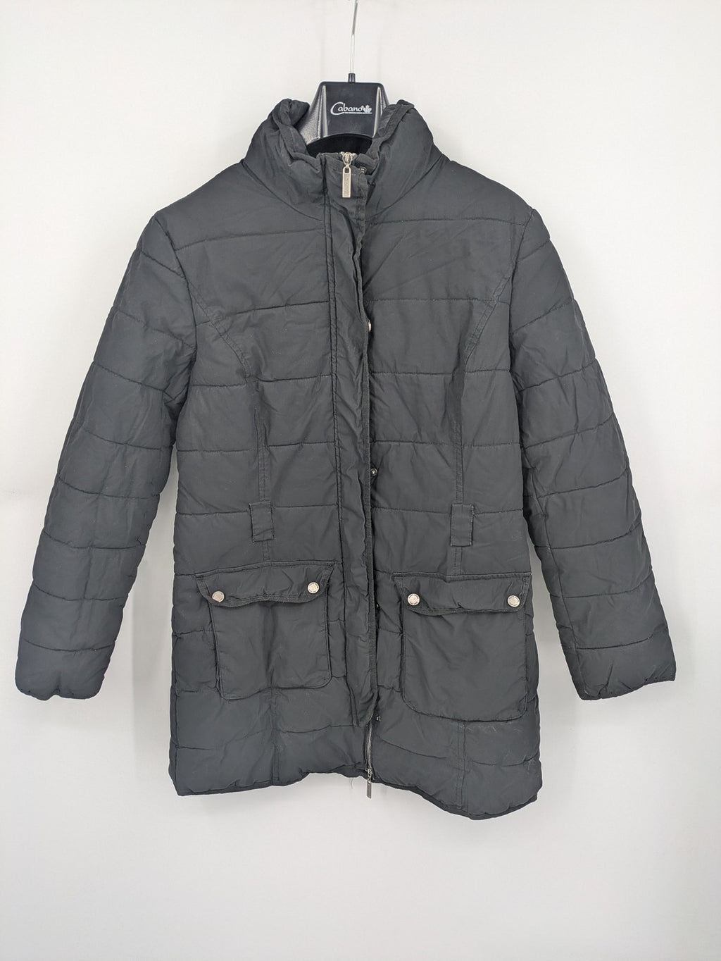 Mark Adam grey quilted jacket with high collar and buttoned flap pockets.