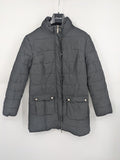 Mark Adam grey quilted jacket with high collar and buttoned flap pockets.
