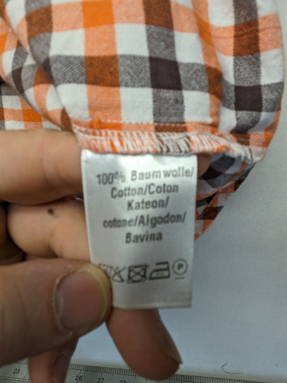 Country Life orange checkered shirt, 100% cotton, single chest pocket, button-down style.