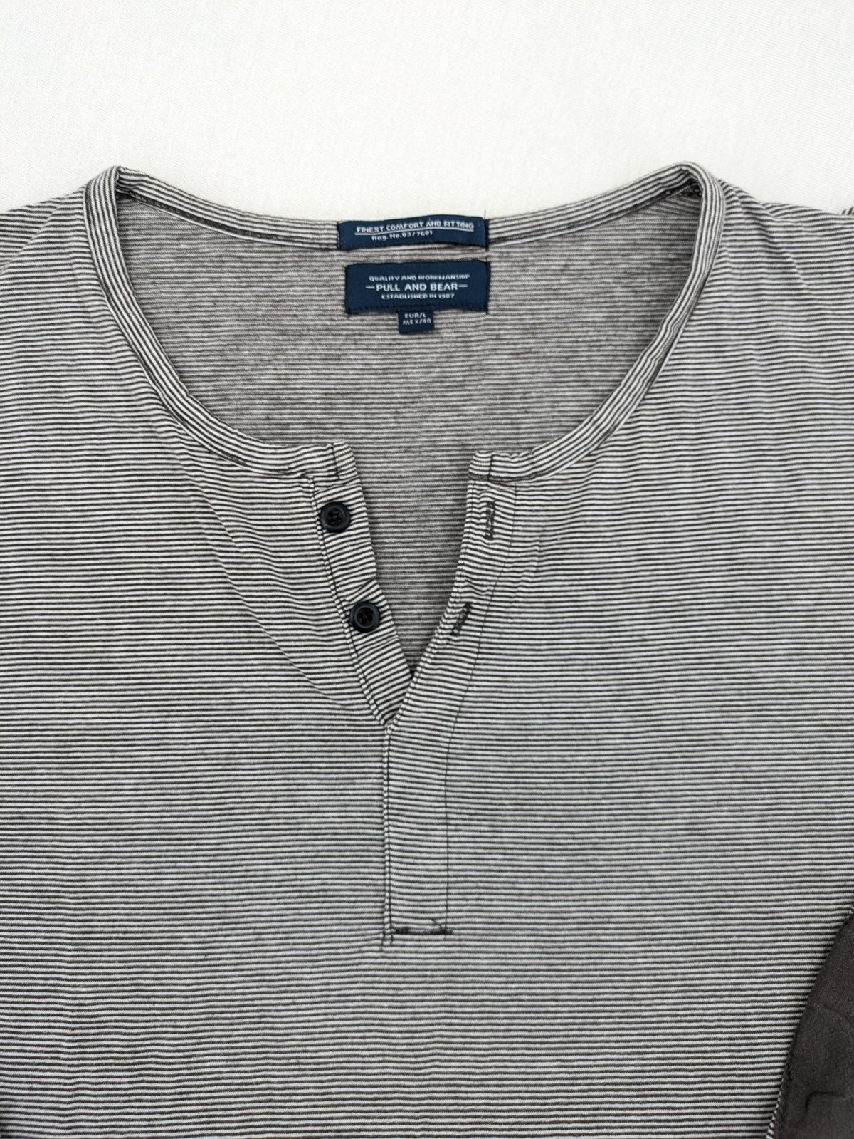 Pull&Bear grey striped Henley shirt with elbow patches and decorative shoulder flaps.