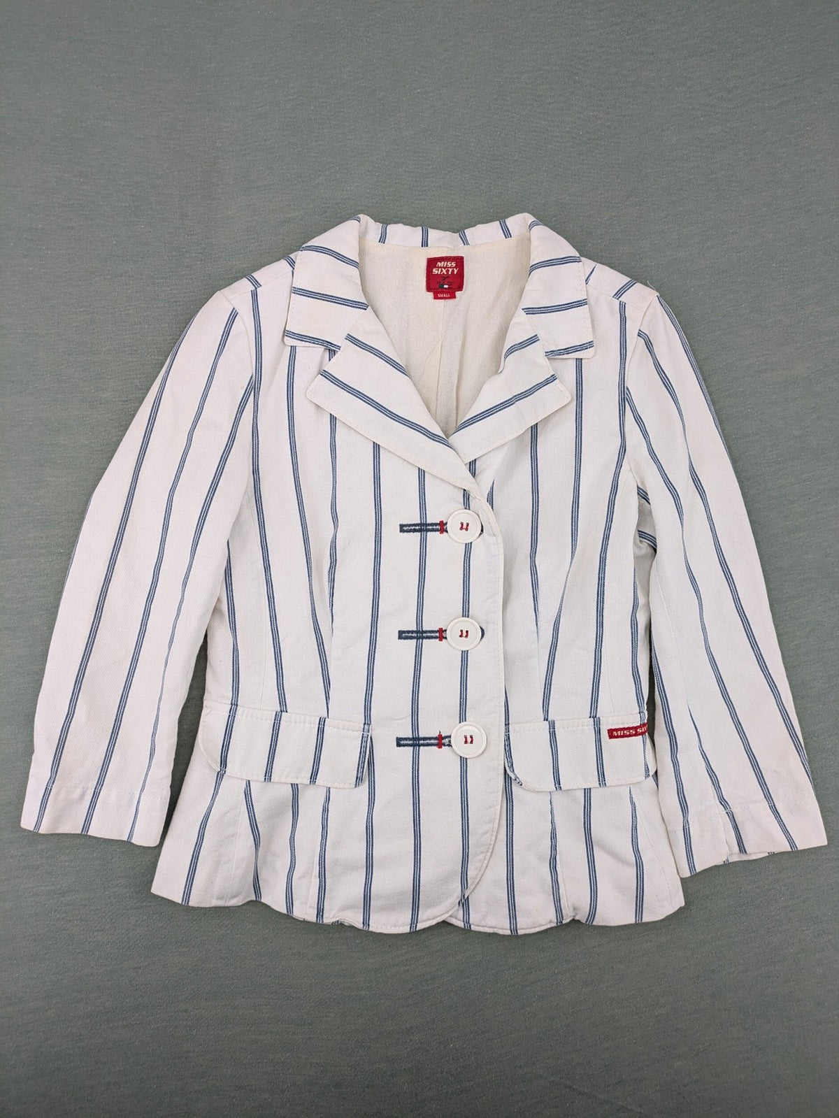 Miss Sixty vintage blazer white and blue striped cotton with logo and unique button closures.