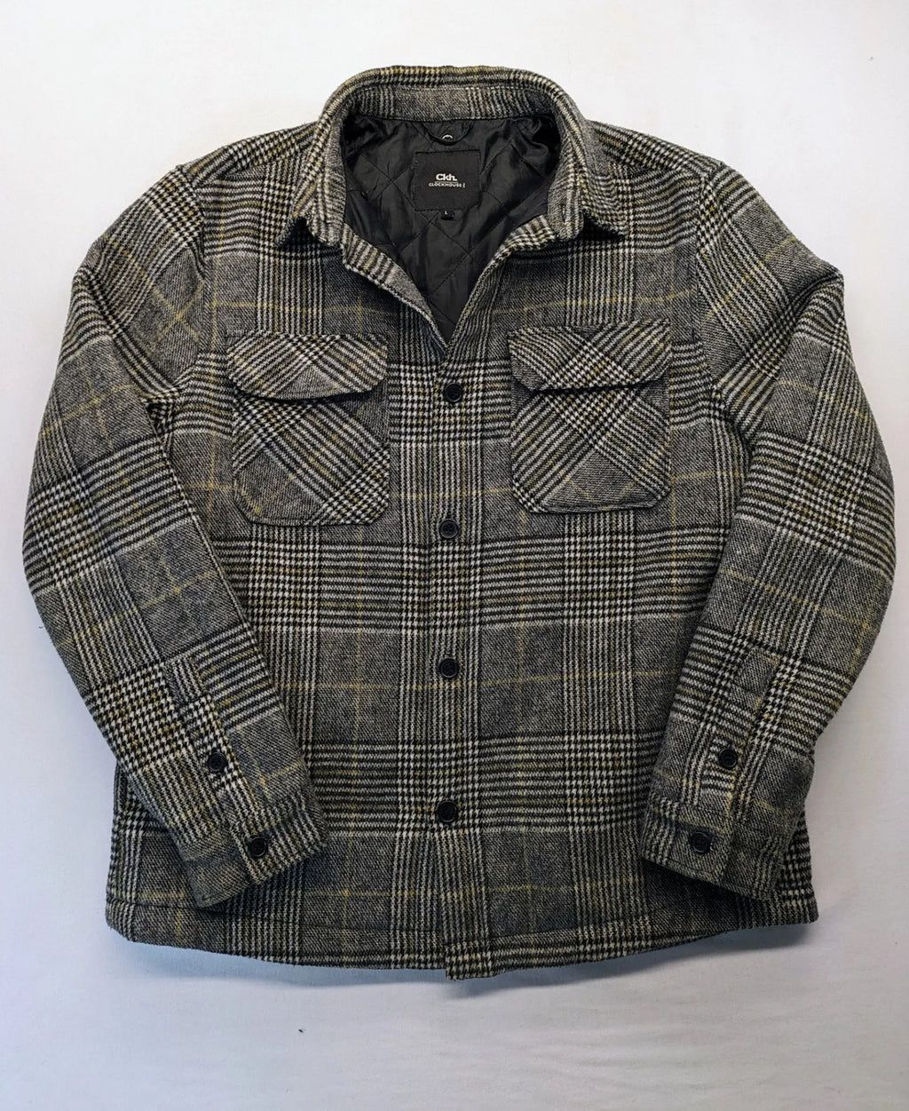 Clockhouse grey check shacket jacket with quilted lining and logo detail.