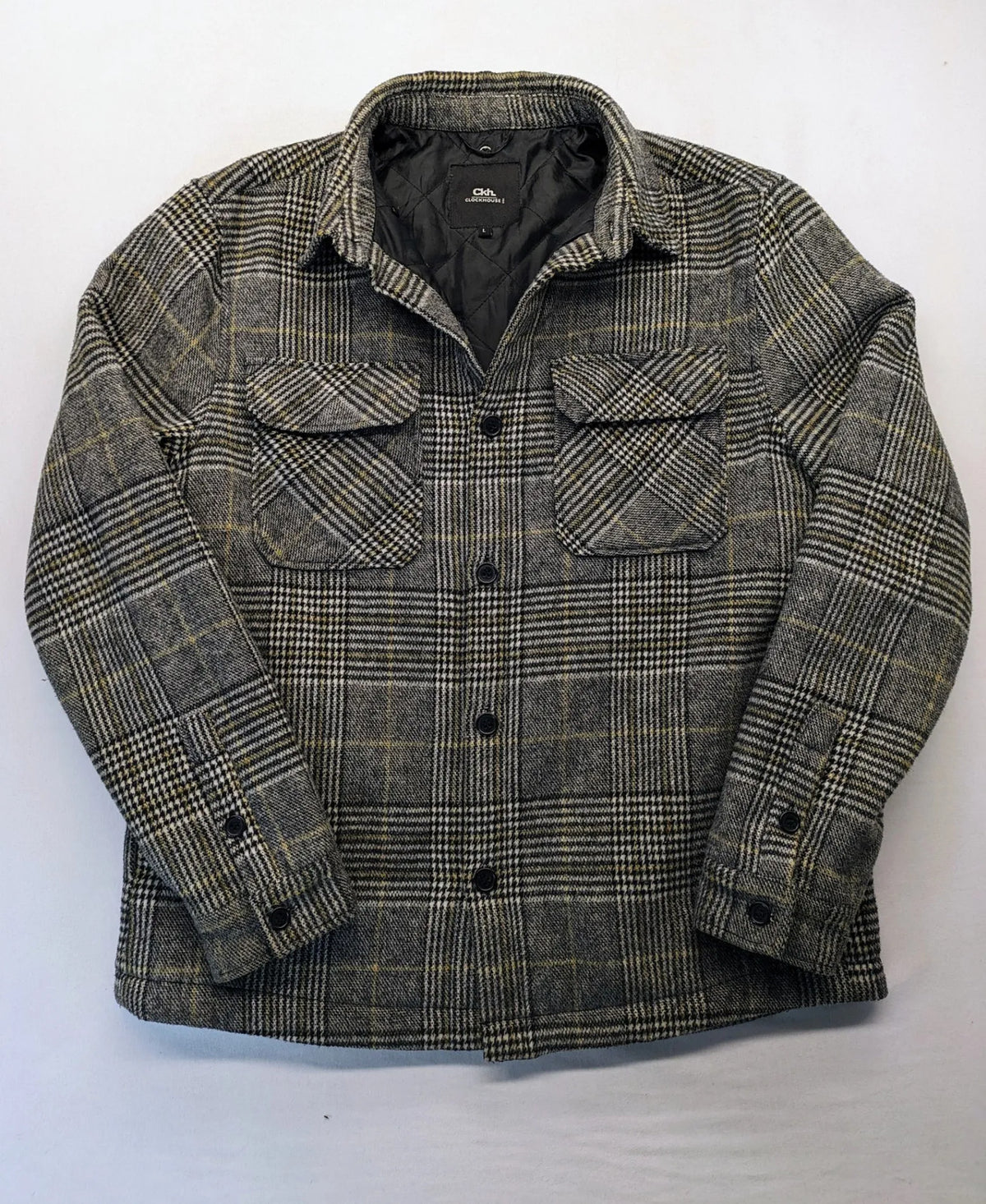 Clockhouse grey check shacket jacket with quilted lining and logo detail.