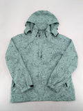 Outdoor green jacket with allover leaf print, adjustable hood, and front zipper.