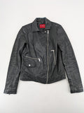 Guess black faux leather biker jacket with asymmetric zipper and multiple zip pockets.