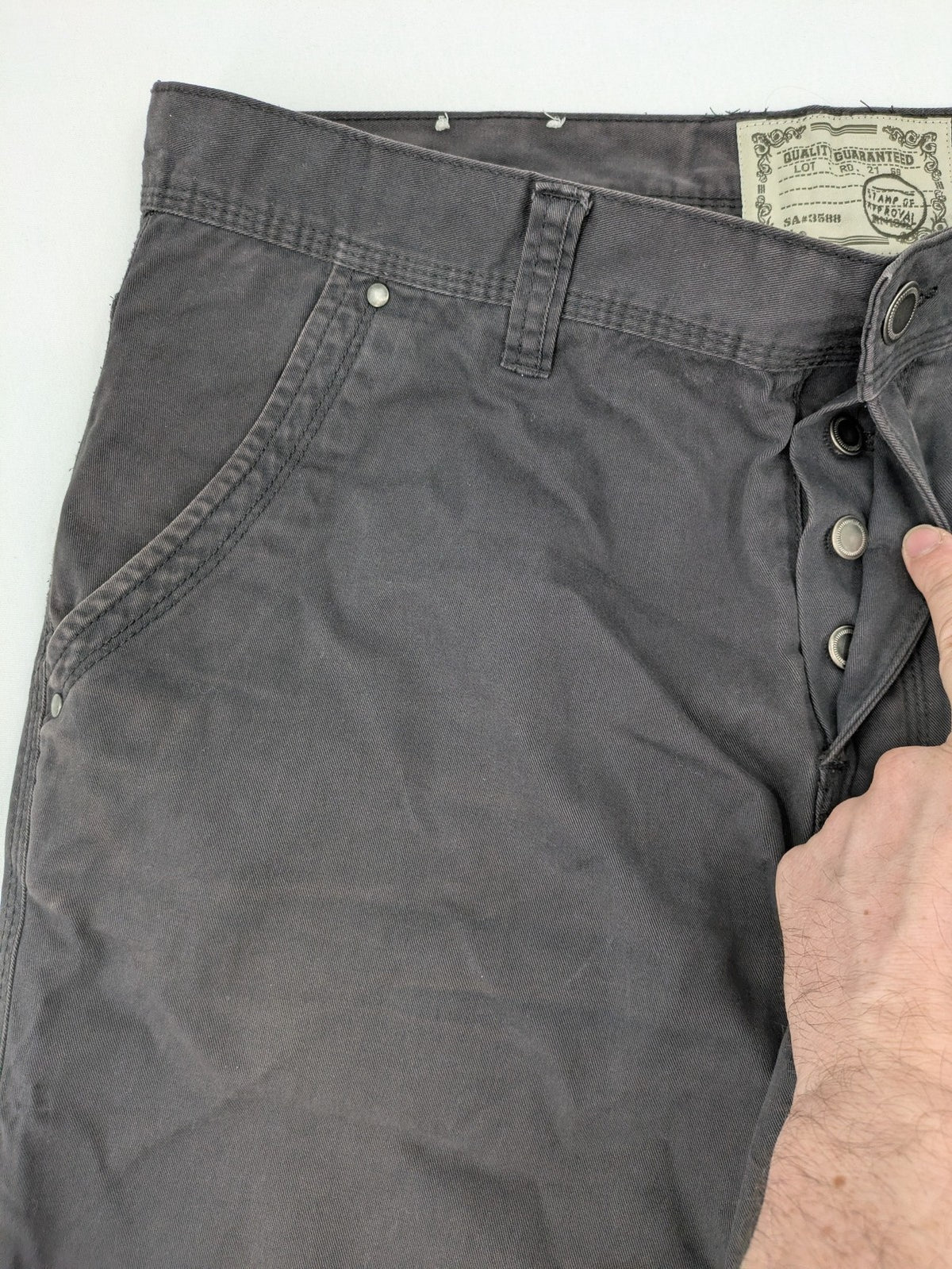 Denim & Co. grey chino pants cotton workwear with button fly and pocket rivets.