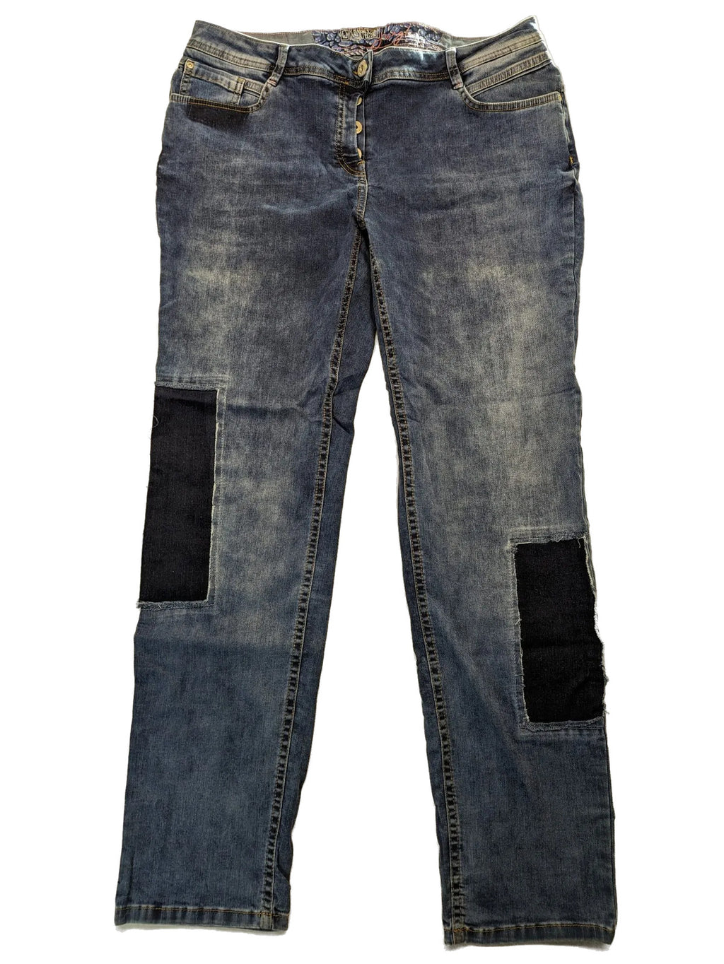 Cecil straight jeans blue patchwork design with classic button fly and stretch denim.