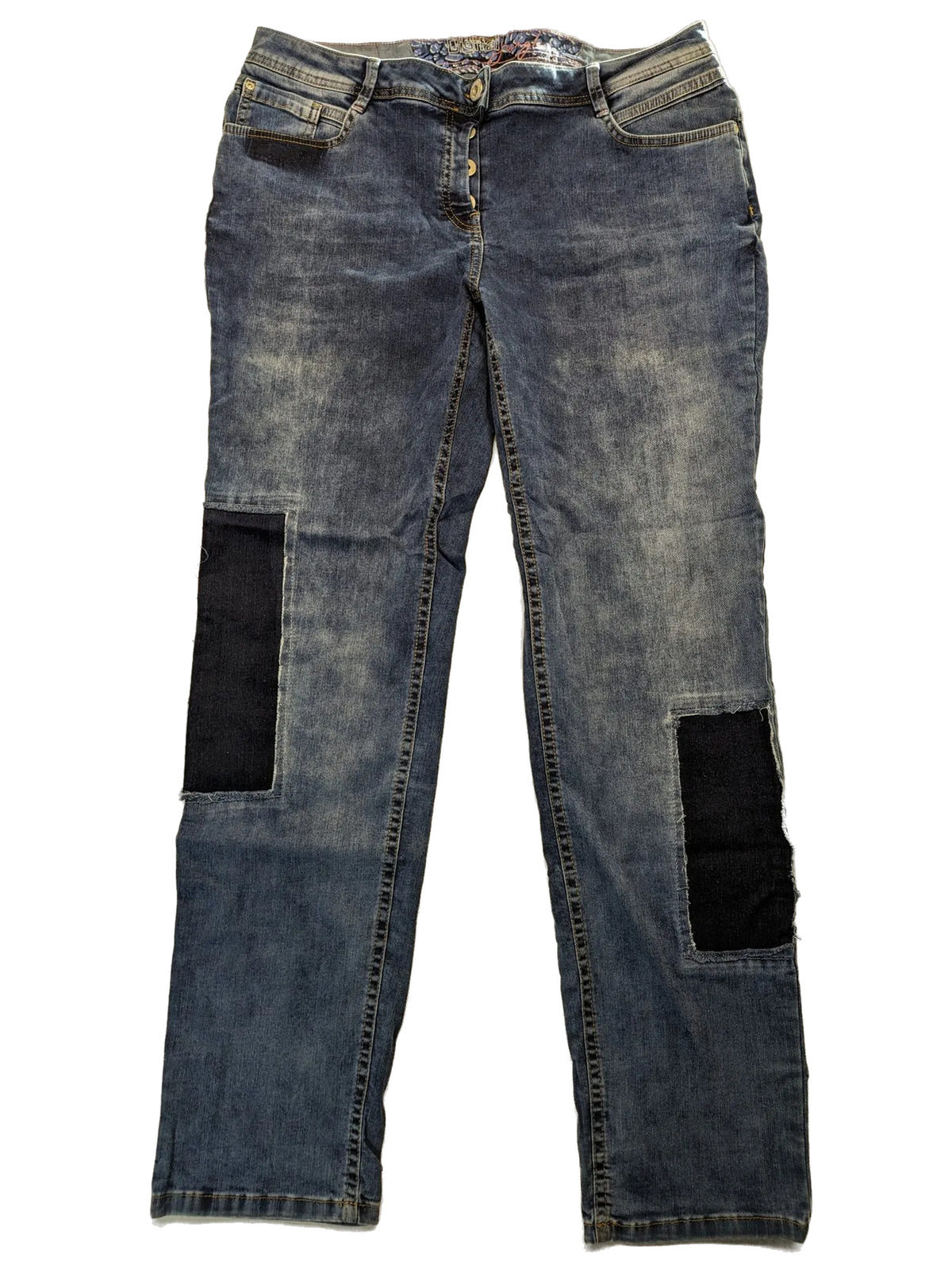 Cecil straight jeans blue patchwork design with classic button fly and stretch denim.