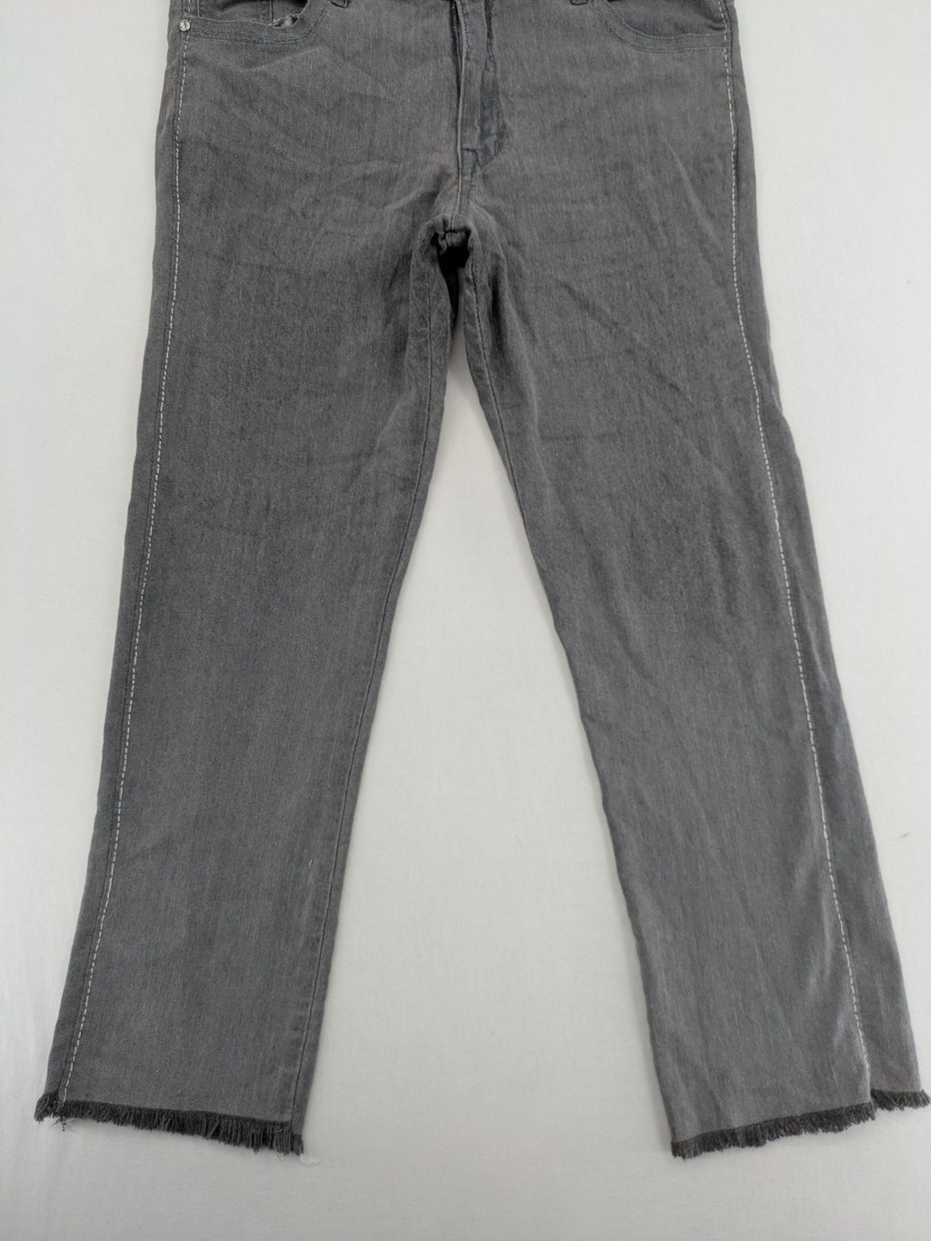 Jet Line grey straight jeans with embellished back pockets and frayed hem details.