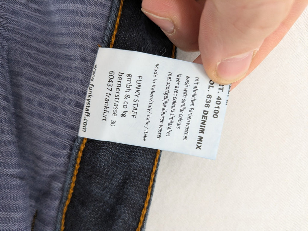 Funky Staff two-tone straight jeans black and blue, colorblock design, embroidered logo on back pocket.