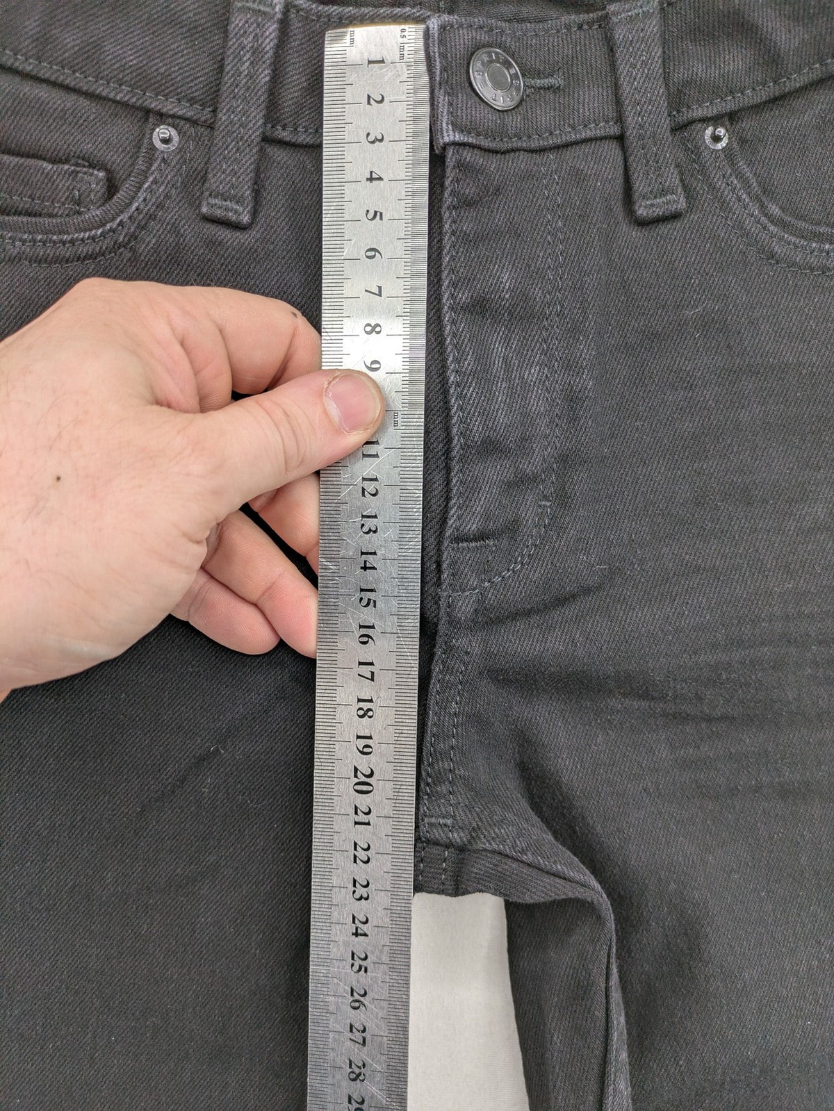 Esprit grey straight jeans with medium rise and original tags, classic denim style.