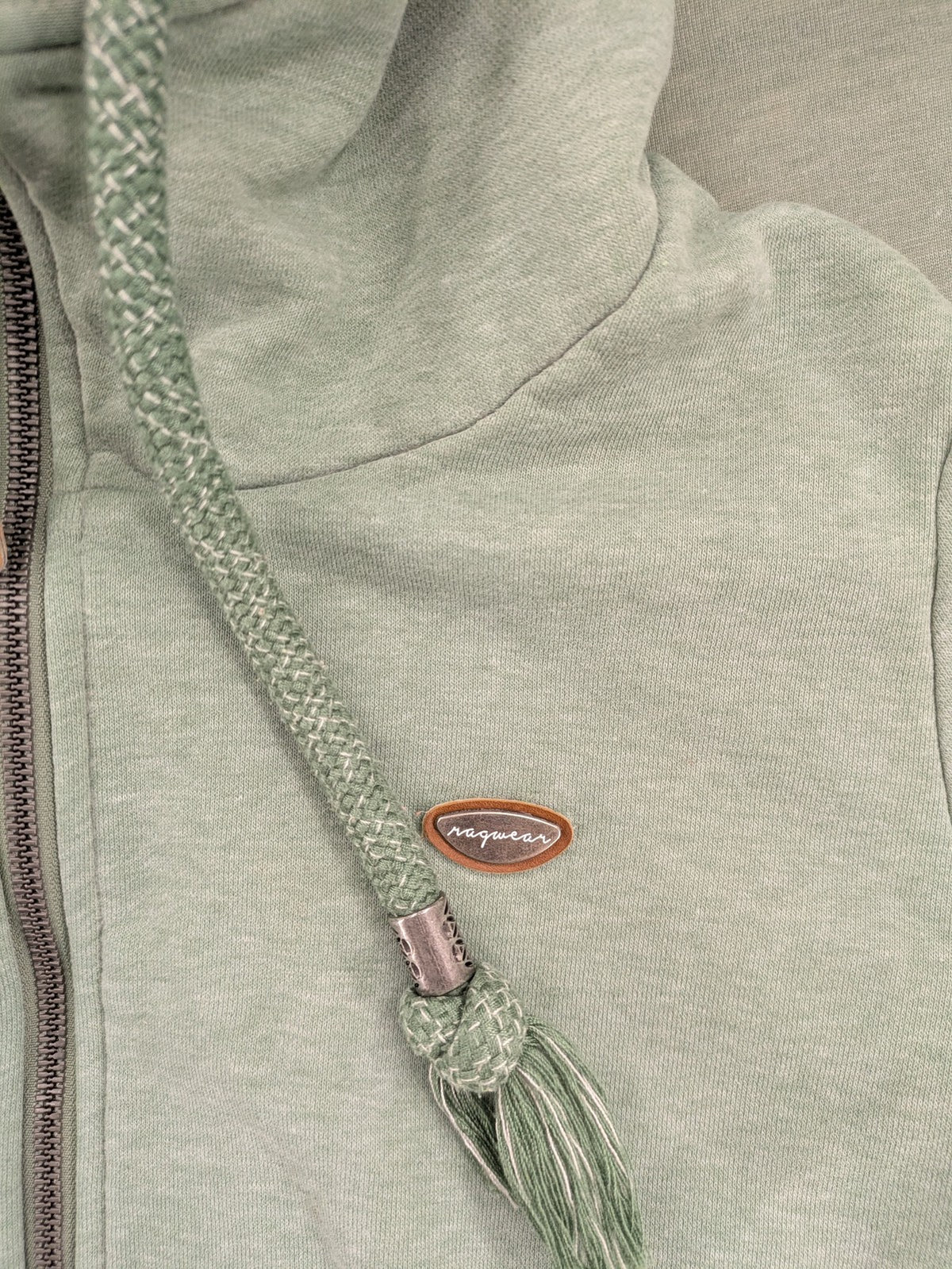 Ragwear grey hoodie jacket with high collar, thick drawstrings, and vegan materials.