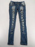 Damen blue straight jeans destroyed look with rhinestones and studs, low rise fit.