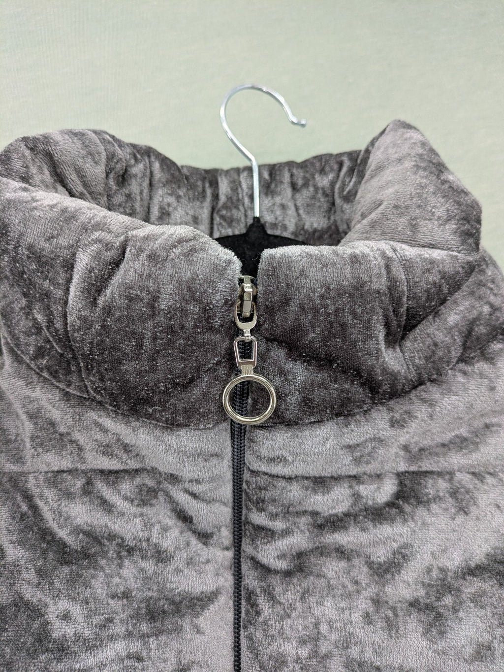 Periot grey puffer jacket with high collar and O-ring zipper detail in velvet texture.