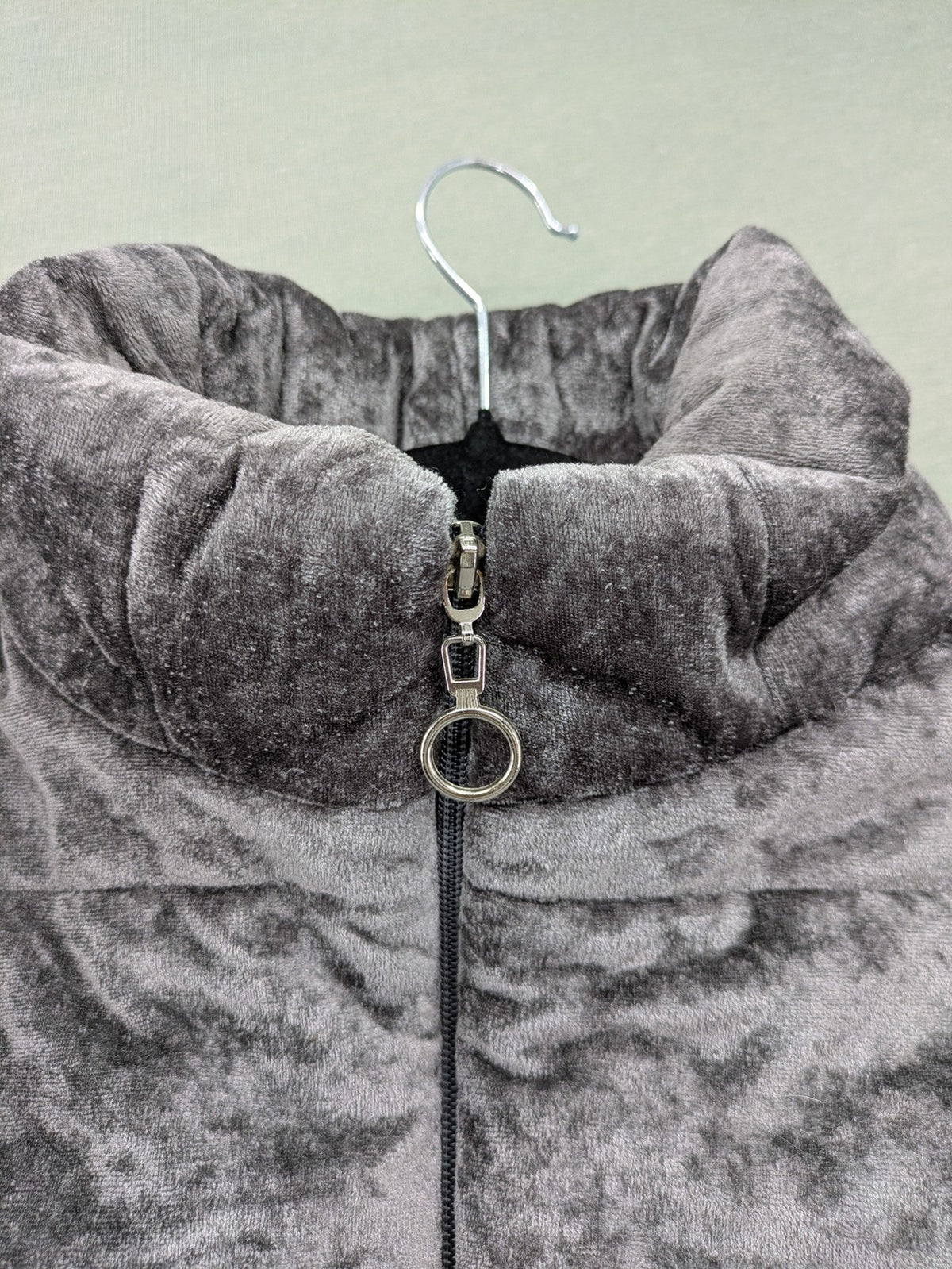 Periot grey puffer jacket with high collar and O-ring zipper detail in velvet texture.