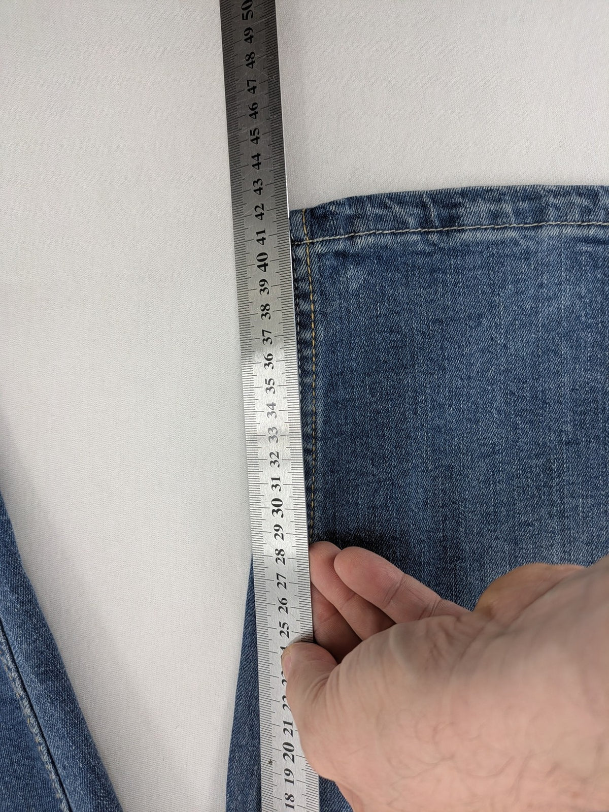 Up Fashion blue denim capri shorts, 5-pocket style, elastic waistband, soft cotton blend.