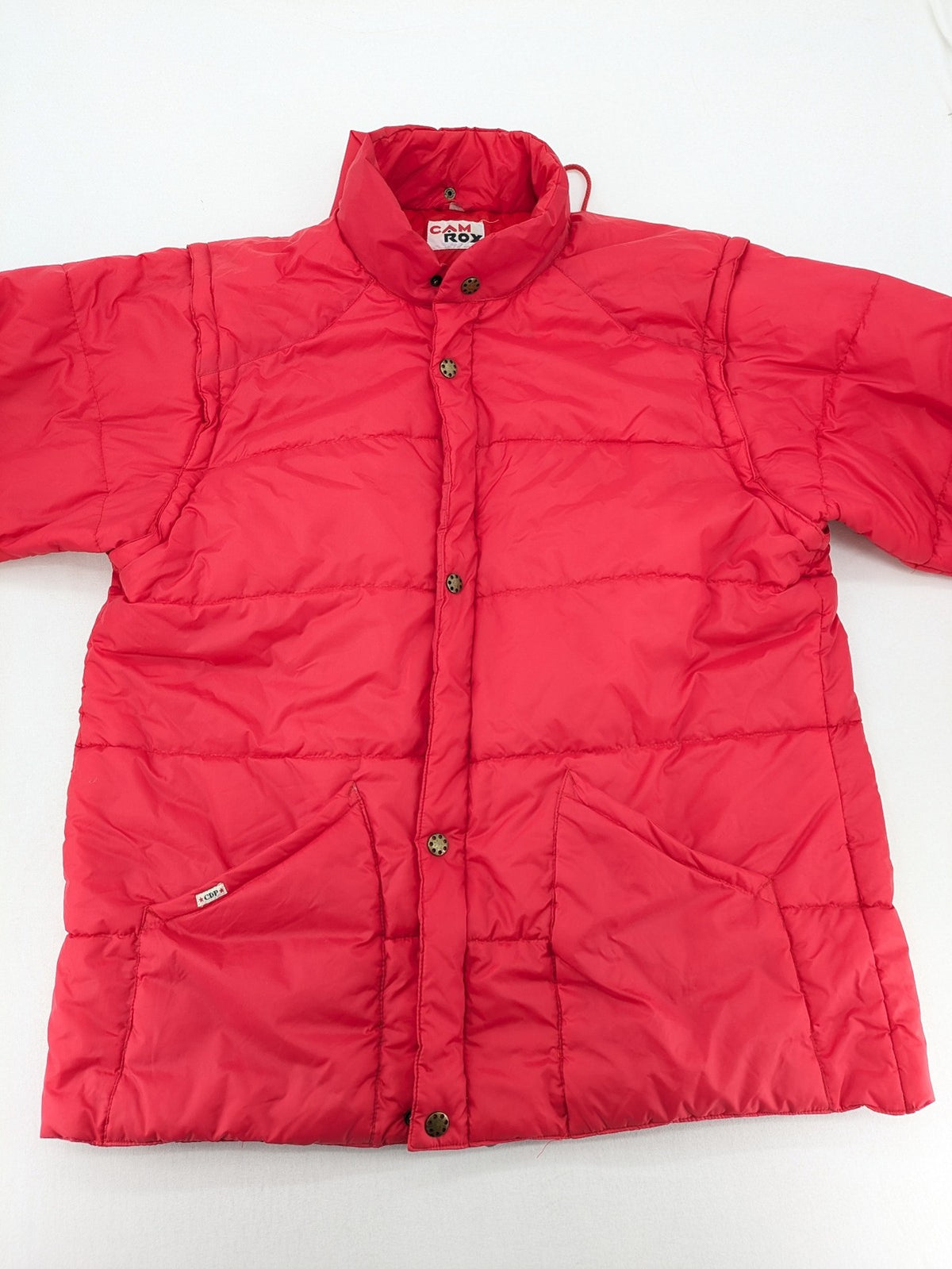 Rox red puffer vest with detachable sleeves and hood, vintage style.