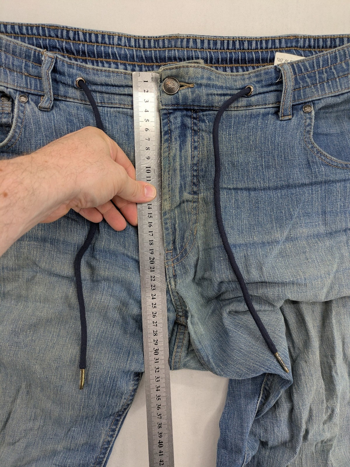 Wallbusch blue straight jeans with elastic waistband, drawstring, and breathable linen blend.