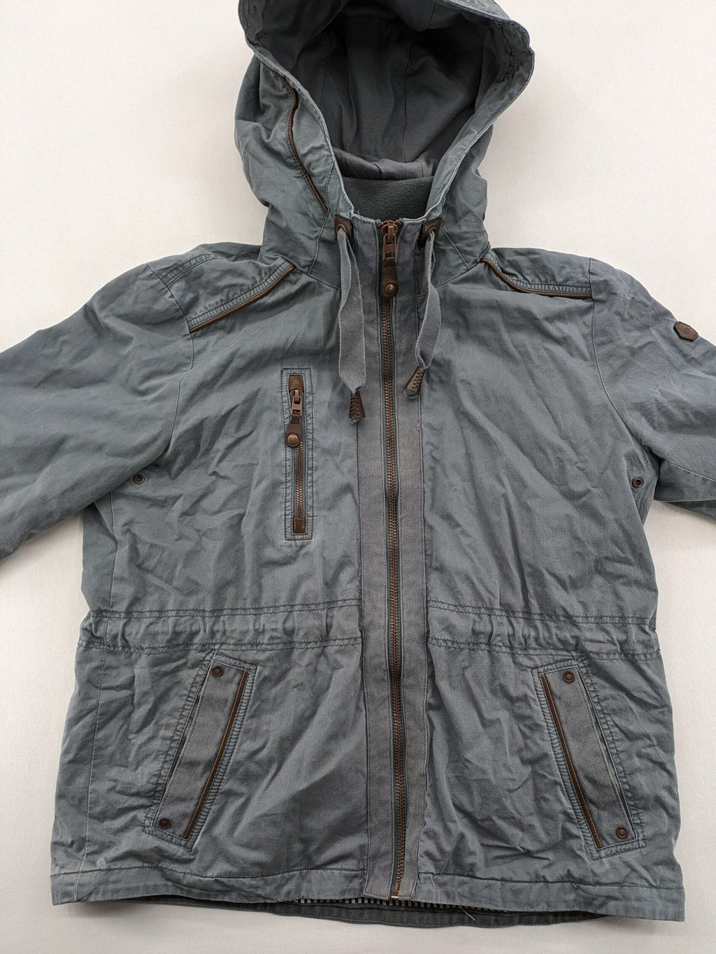 edc grey parka jacket with hood, adjustable drawstrings, and striped lining