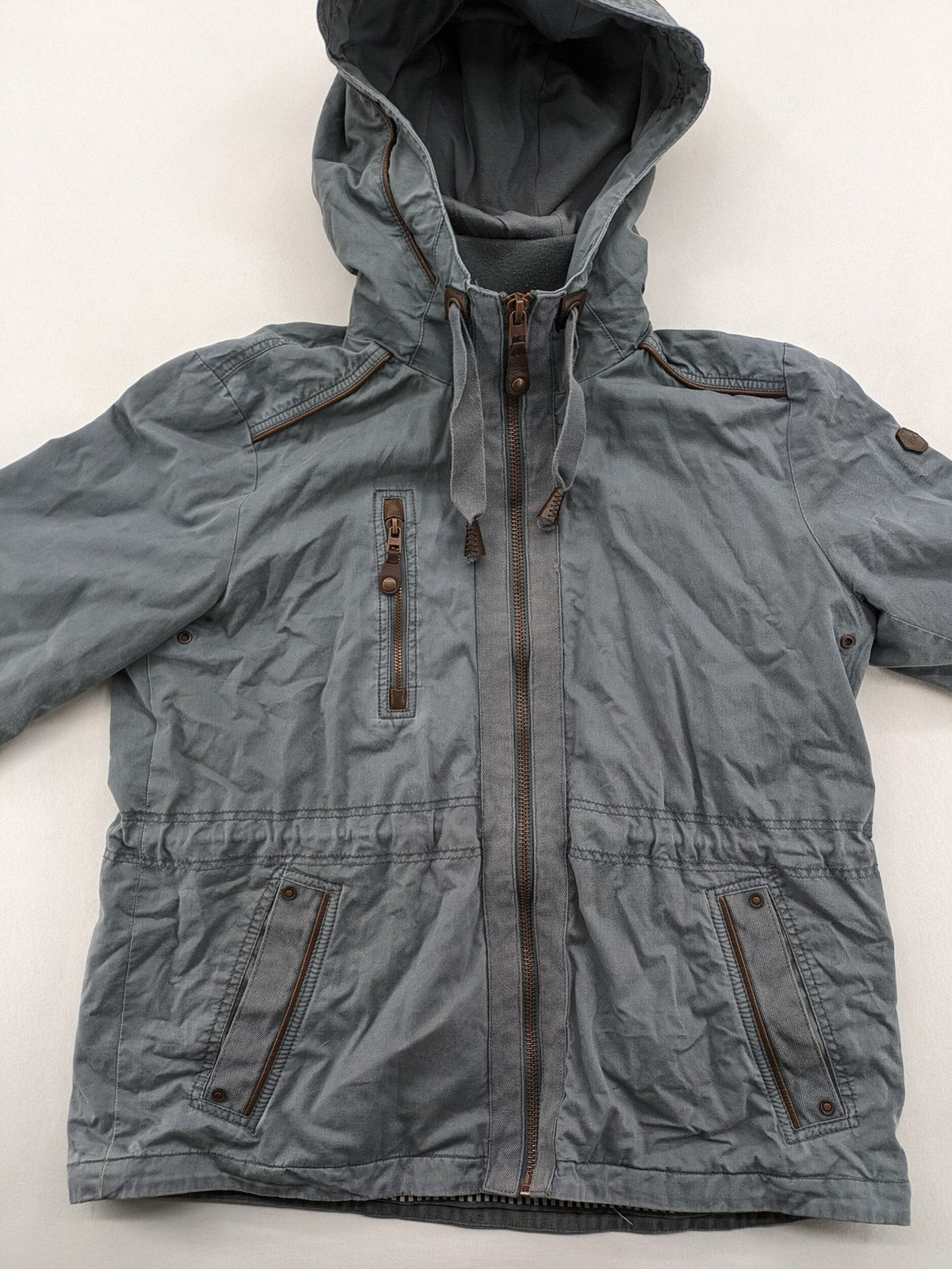 edc grey parka jacket with hood, adjustable drawstrings, and striped lining