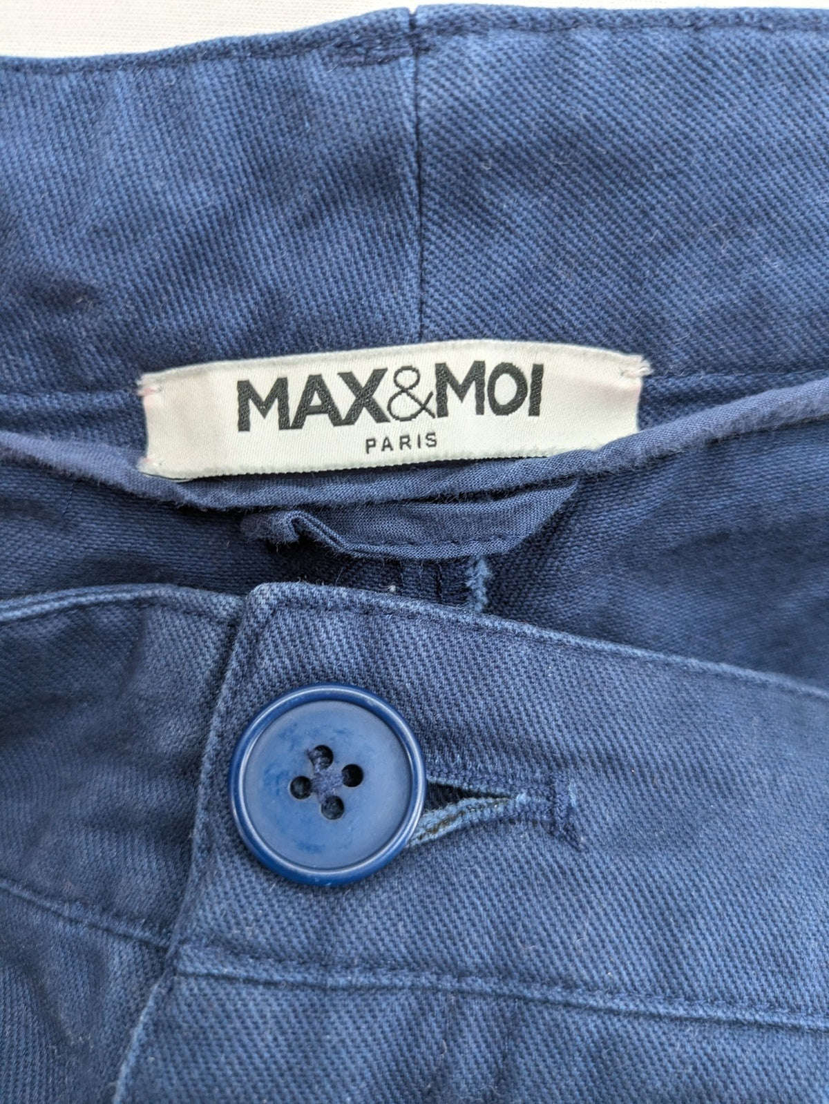 Max & Moi blue cargo pants 100% cotton with buttoned side pockets and classic design.