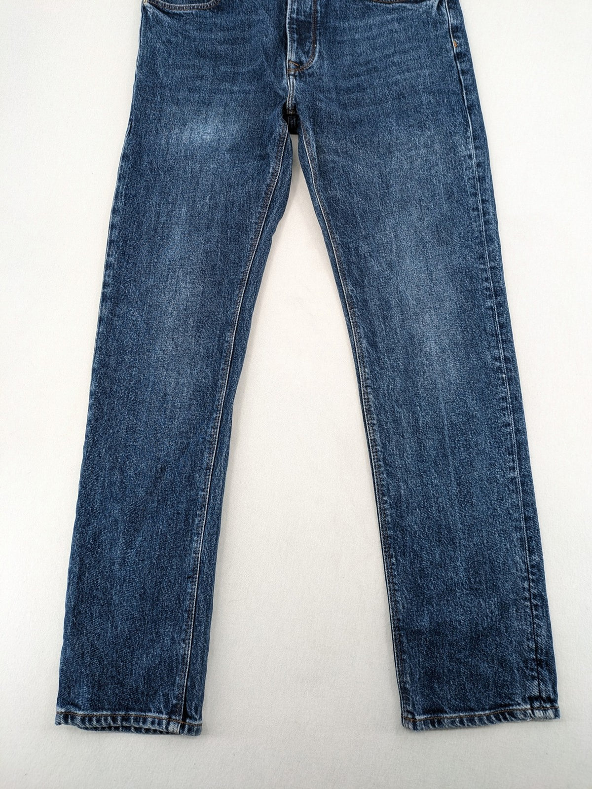 Zara blue straight jeans with classic 5-pocket design and button fly.