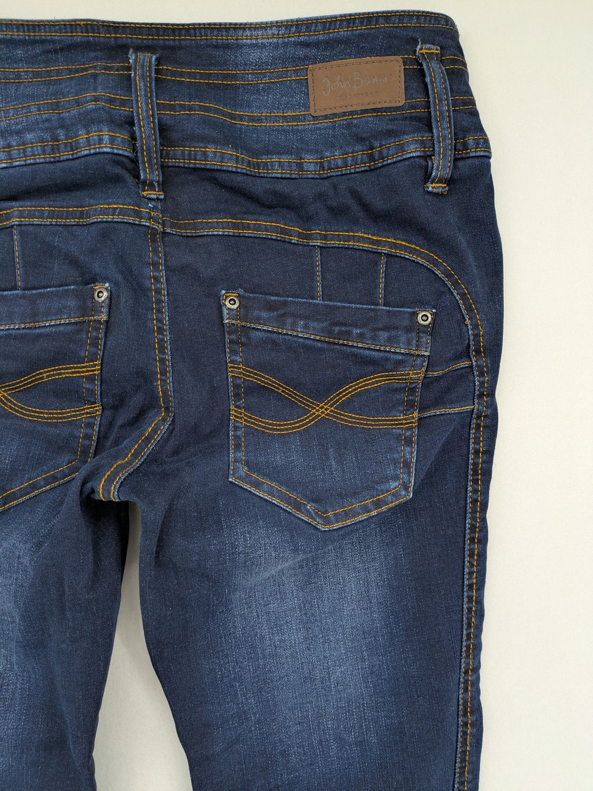 john baner blue high rise skinny jeans three-button fly subtle fading stretch denim