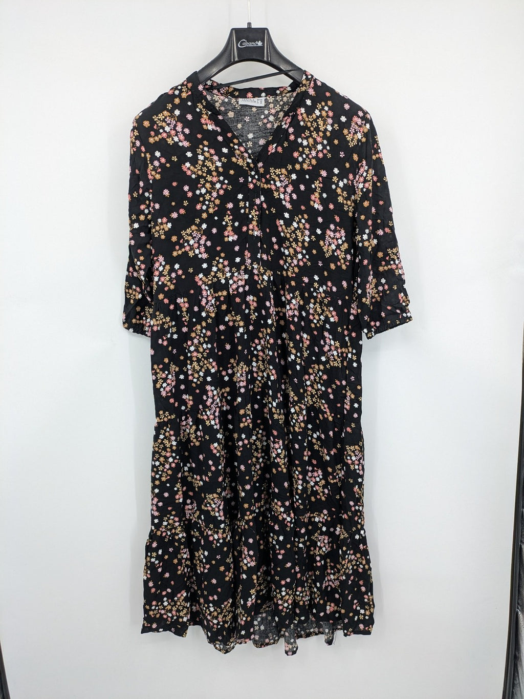 Janina women's A-line dress multi floral print on black, V-neck, 3/4 sleeves, lightweight viscose.