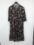 Janina women's A-line dress multi floral print on black, V-neck, 3/4 sleeves, lightweight viscose.