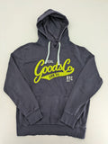 Angelo Litrico grey hoodie with neon green 'Real Goods Co NYC' graphic print and kangaroo pocket.