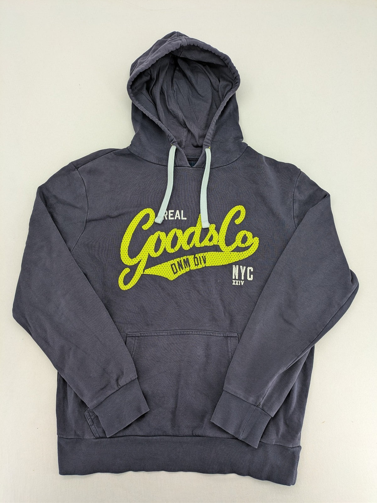 Angelo Litrico grey hoodie with neon green 'Real Goods Co NYC' graphic print and kangaroo pocket.