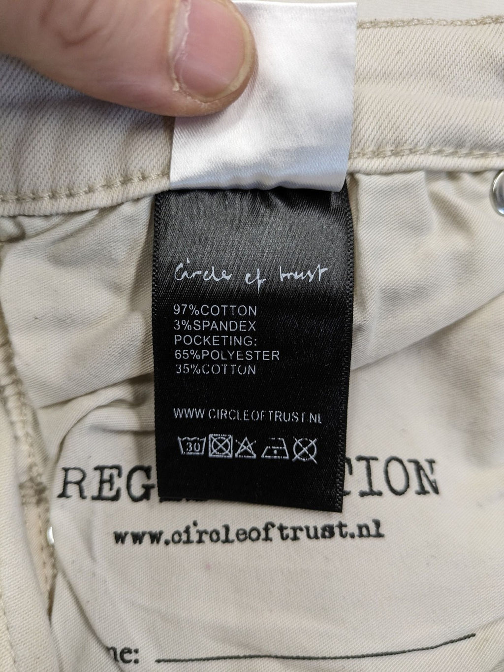 Circle Of Trust beige straight jeans with elastic waistband, drawstring, and classic 5-pocket design.