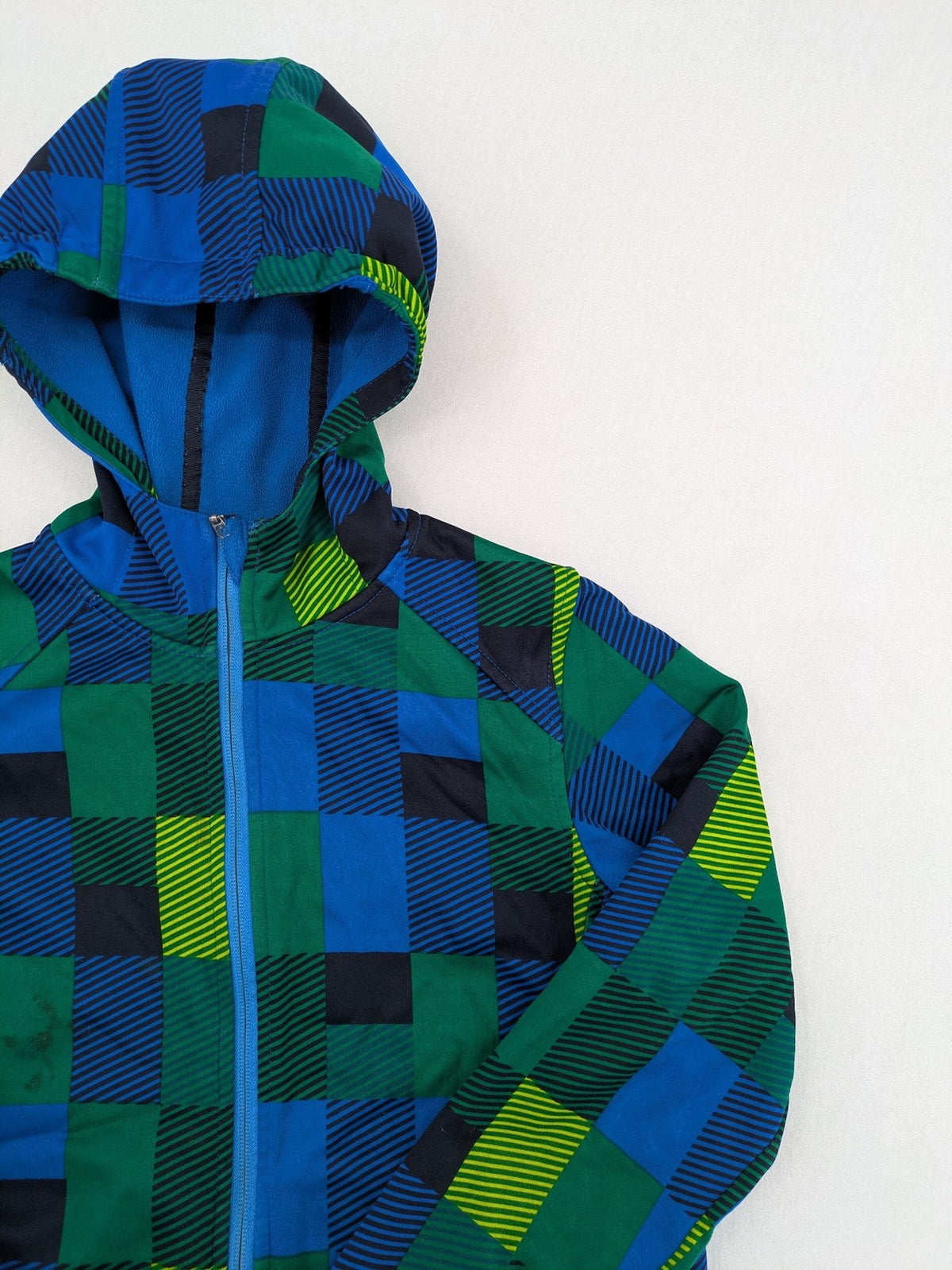 Pepperts multi softshell jacket plaid pattern blue green black, fleece lined, hooded.