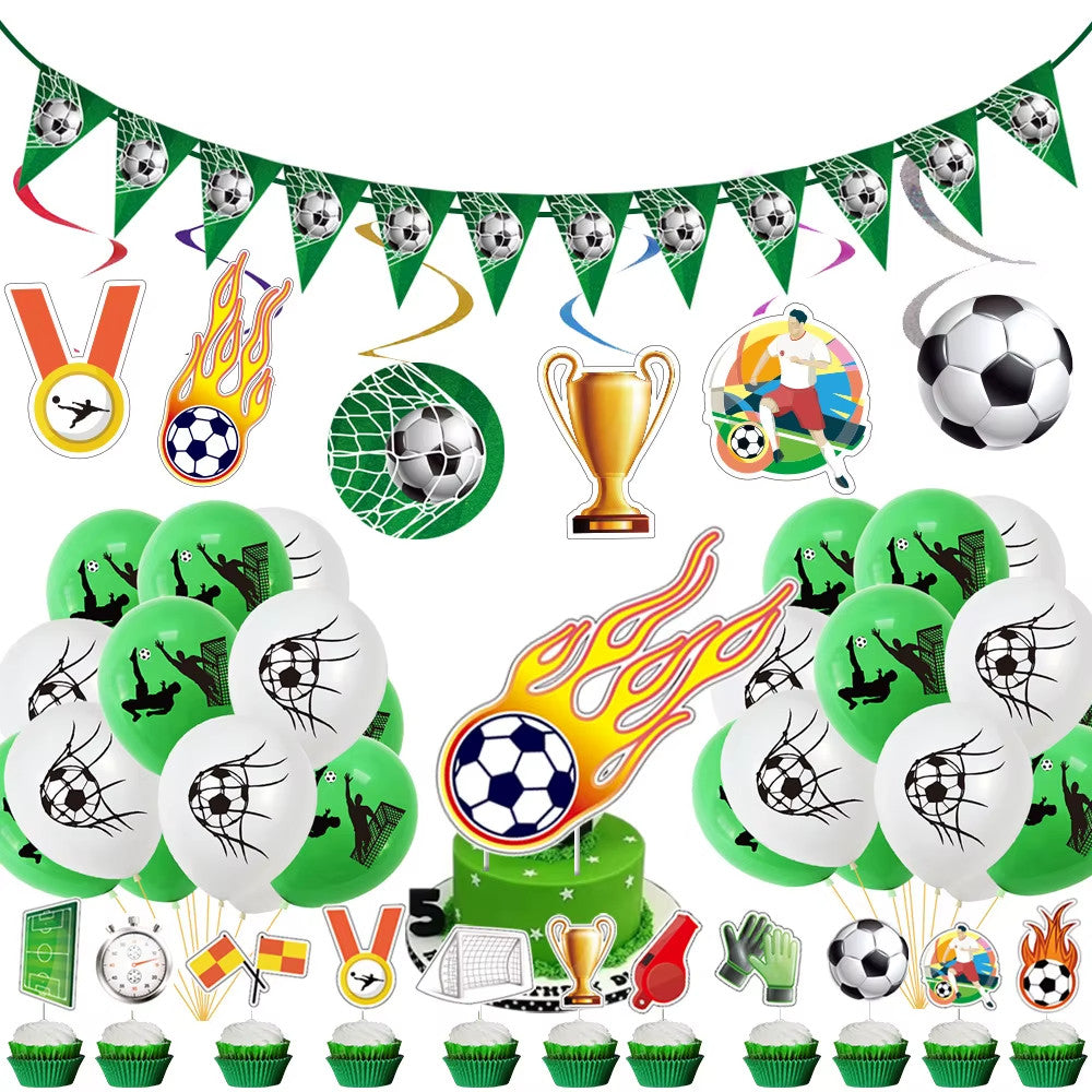 XXL blue, red, yellow football birthday decoration set with balloons and banners.