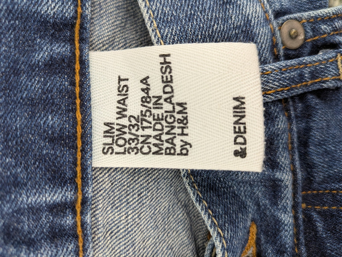 H&M blue slim fit jeans low waist 5-pocket style button fly stretch denim