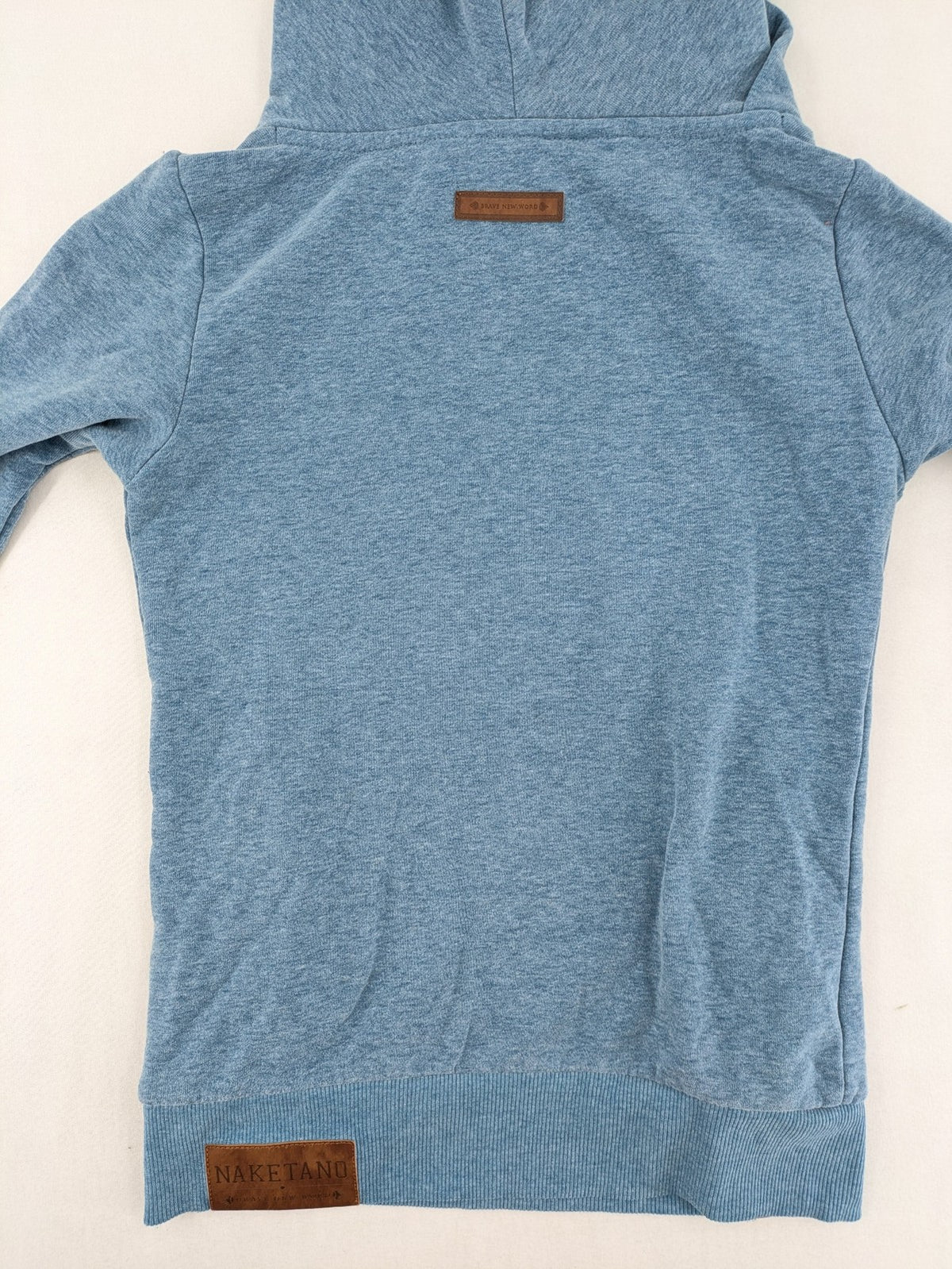 Naketano blue turtle neck jumper with unique collar and artistic leather details