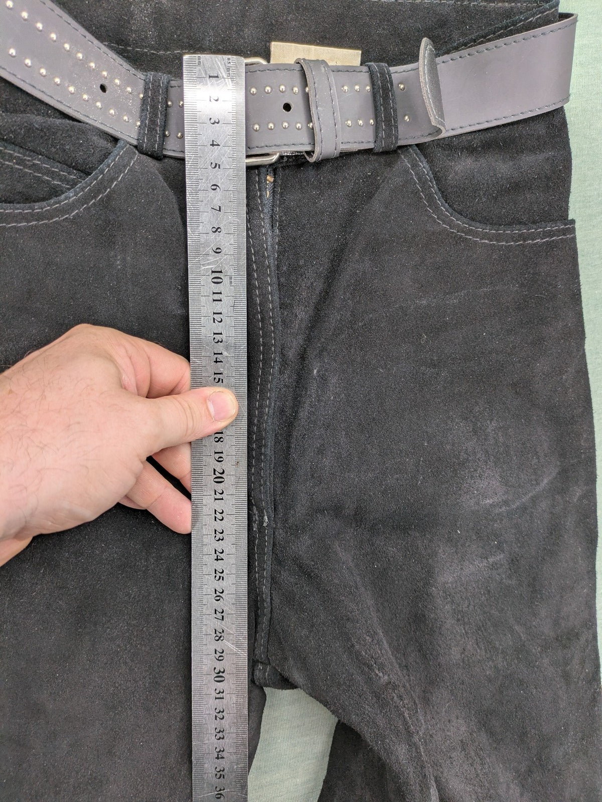 Silhouette black vintage pants high-waisted genuine suede five-pocket style with studded belt.