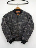 FB Sister orange bomber jacket with gray camouflage pattern and quilted lining.