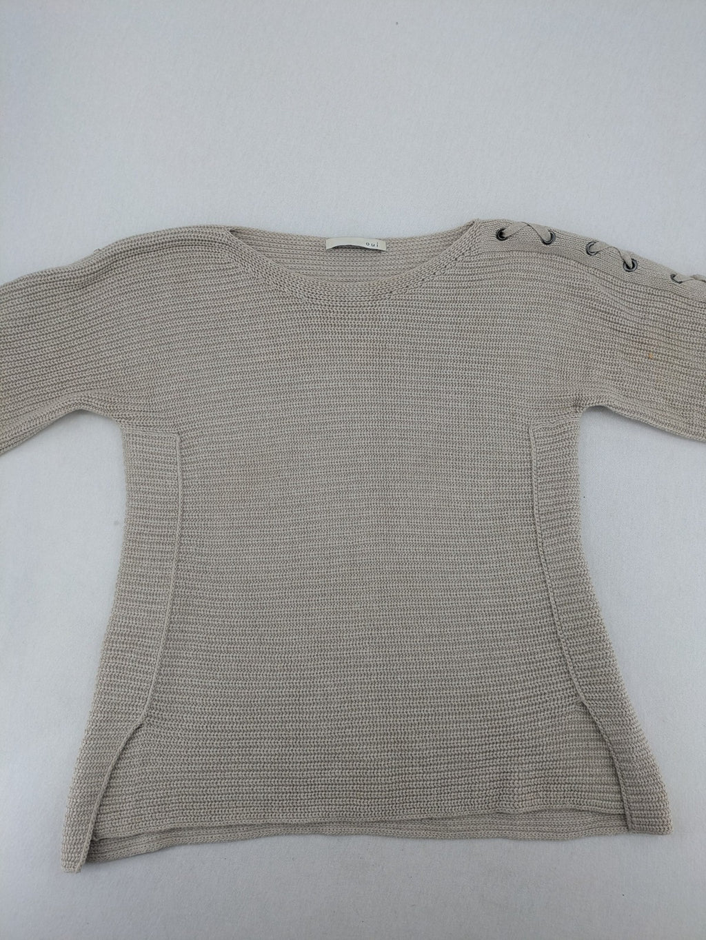 Oui knit jumper beige with lace-up sleeve details and 3/4 length arms.