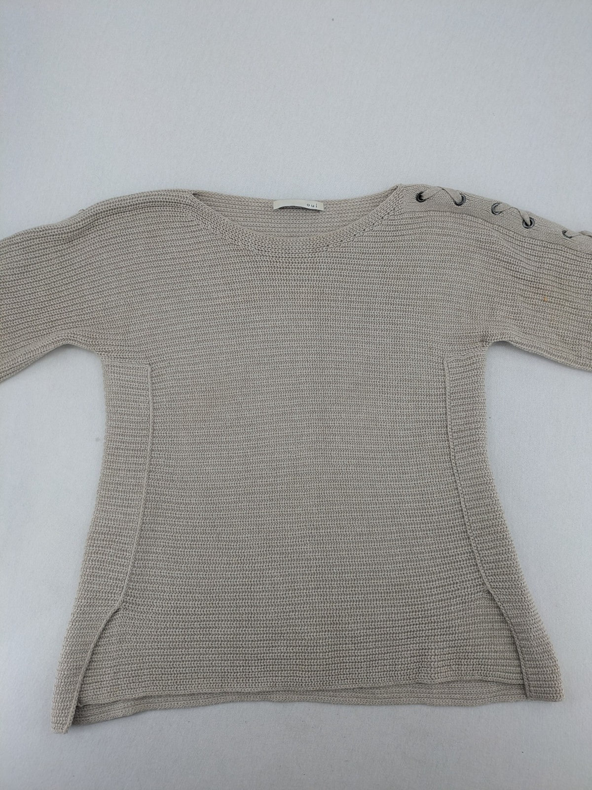 Oui knit jumper beige with lace-up sleeve details and 3/4 length arms.