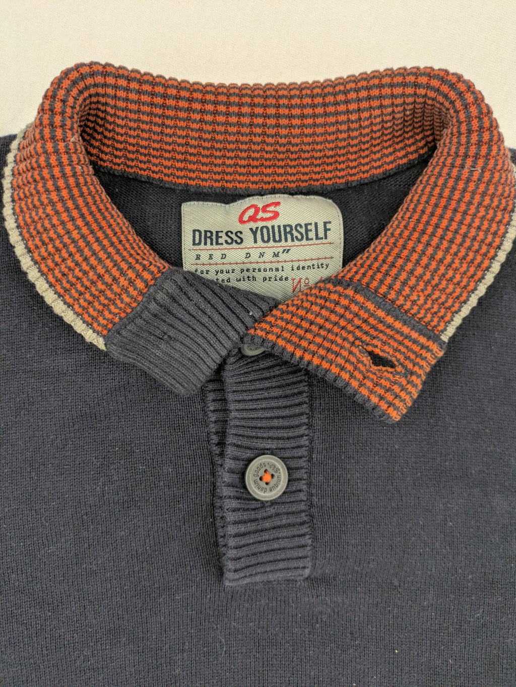 QS Dress Yourself orange and grey contrast collar dark blue turtle neck jumper