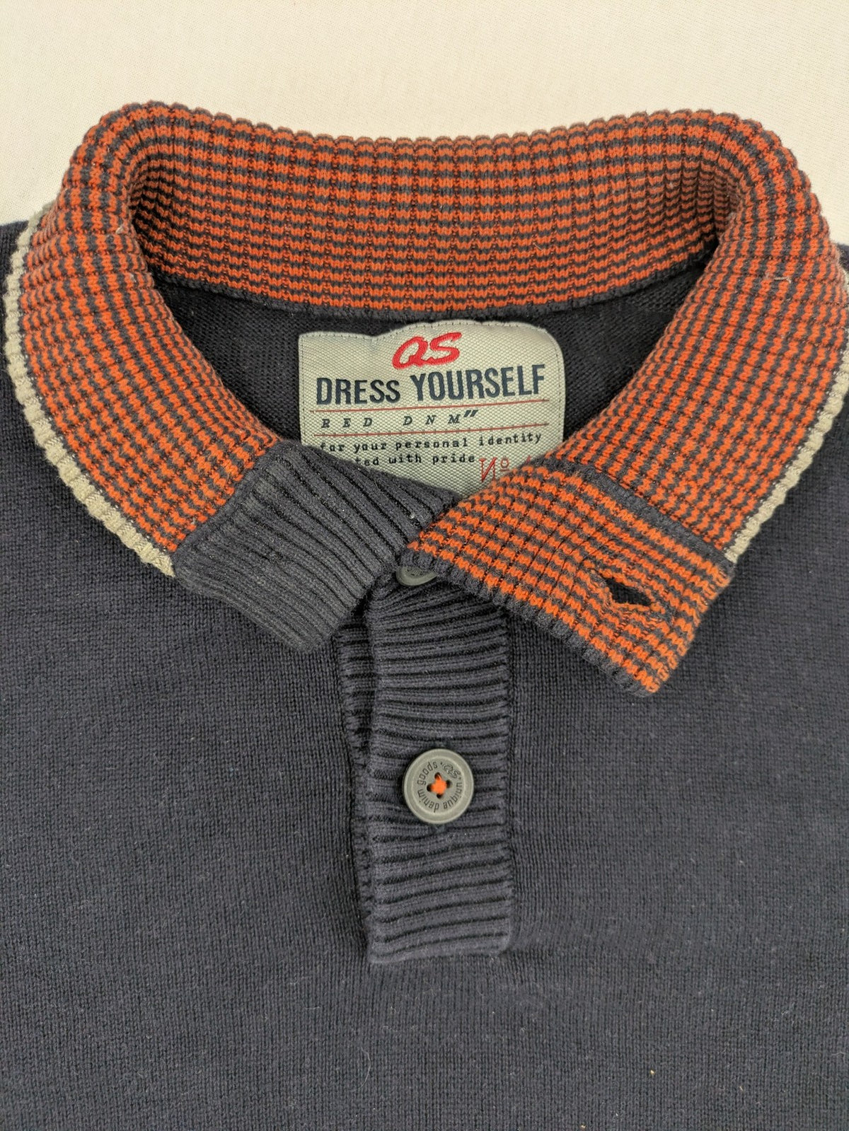 QS Dress Yourself orange and grey contrast collar dark blue turtle neck jumper