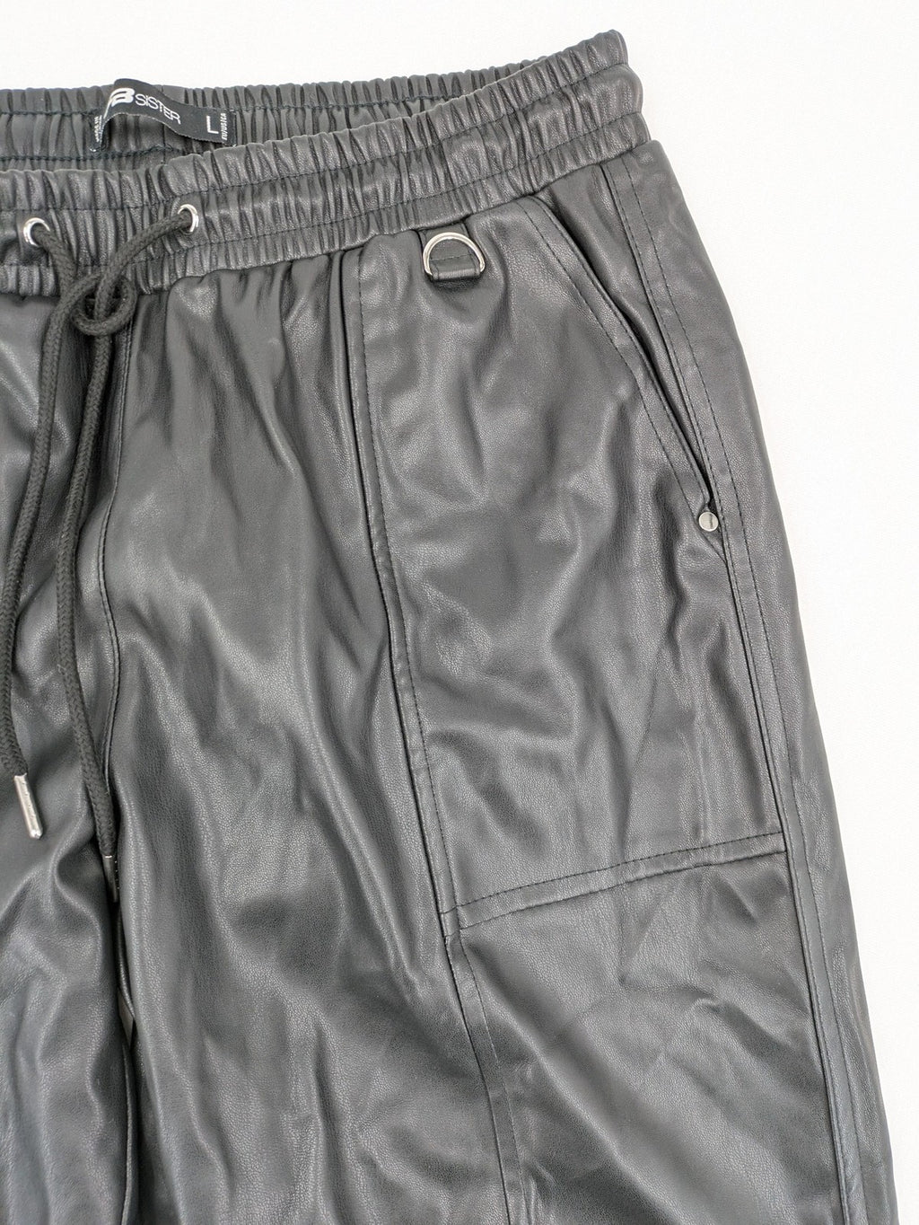 FB Sister grey jogger pants high waist with elastic waistband and drawstring, faux leather material.