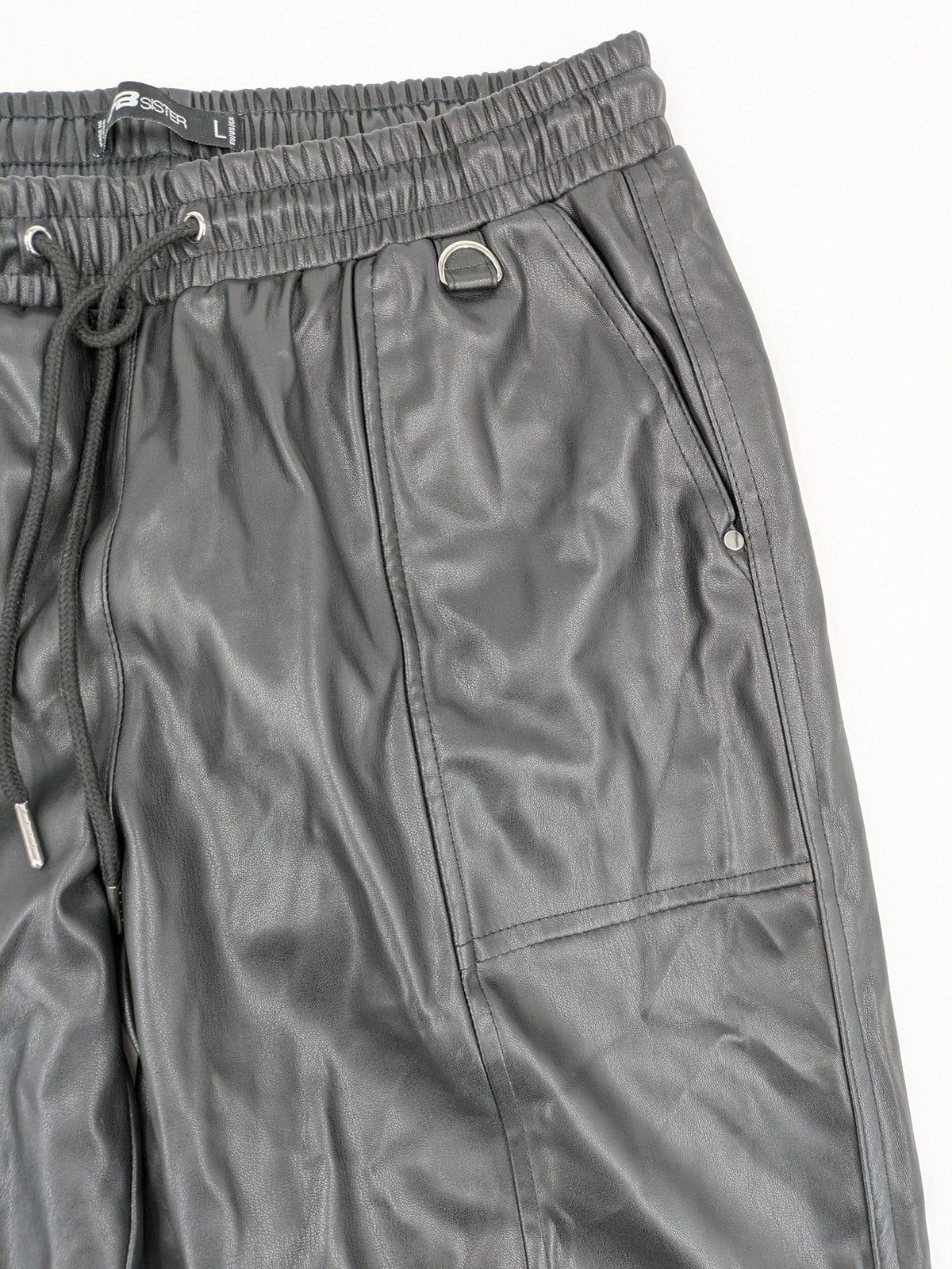 FB Sister grey jogger pants high waist with elastic waistband and drawstring, faux leather material.