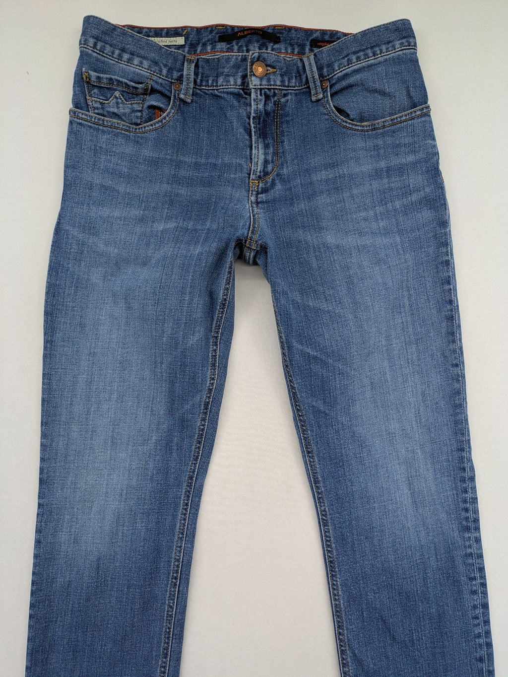 ALBERTO blue straight jeans with orange stitching, vintage denim, regular slim fit.