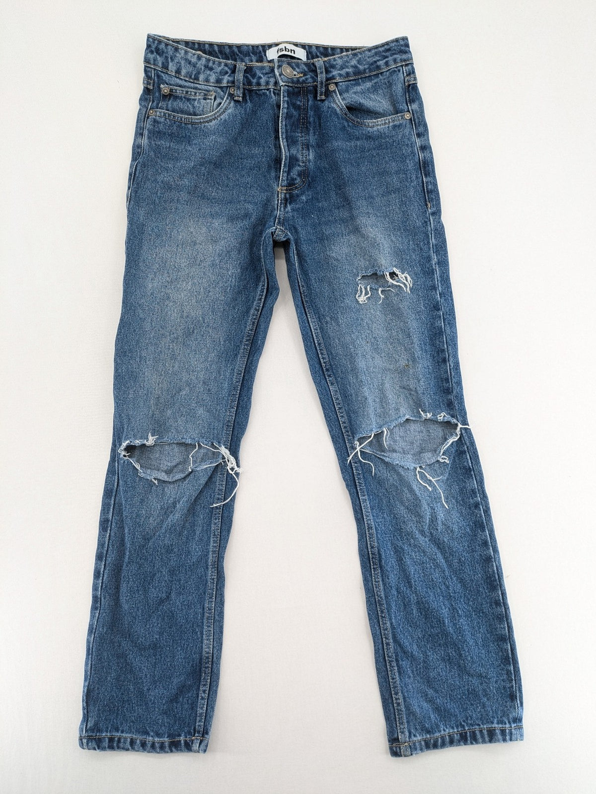 FSBN blue straight jeans with distressed knee rips and classic button fly.