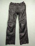 Spirit Motors black leather chaps with red and white accents, 5-pocket style, reinforced knees.