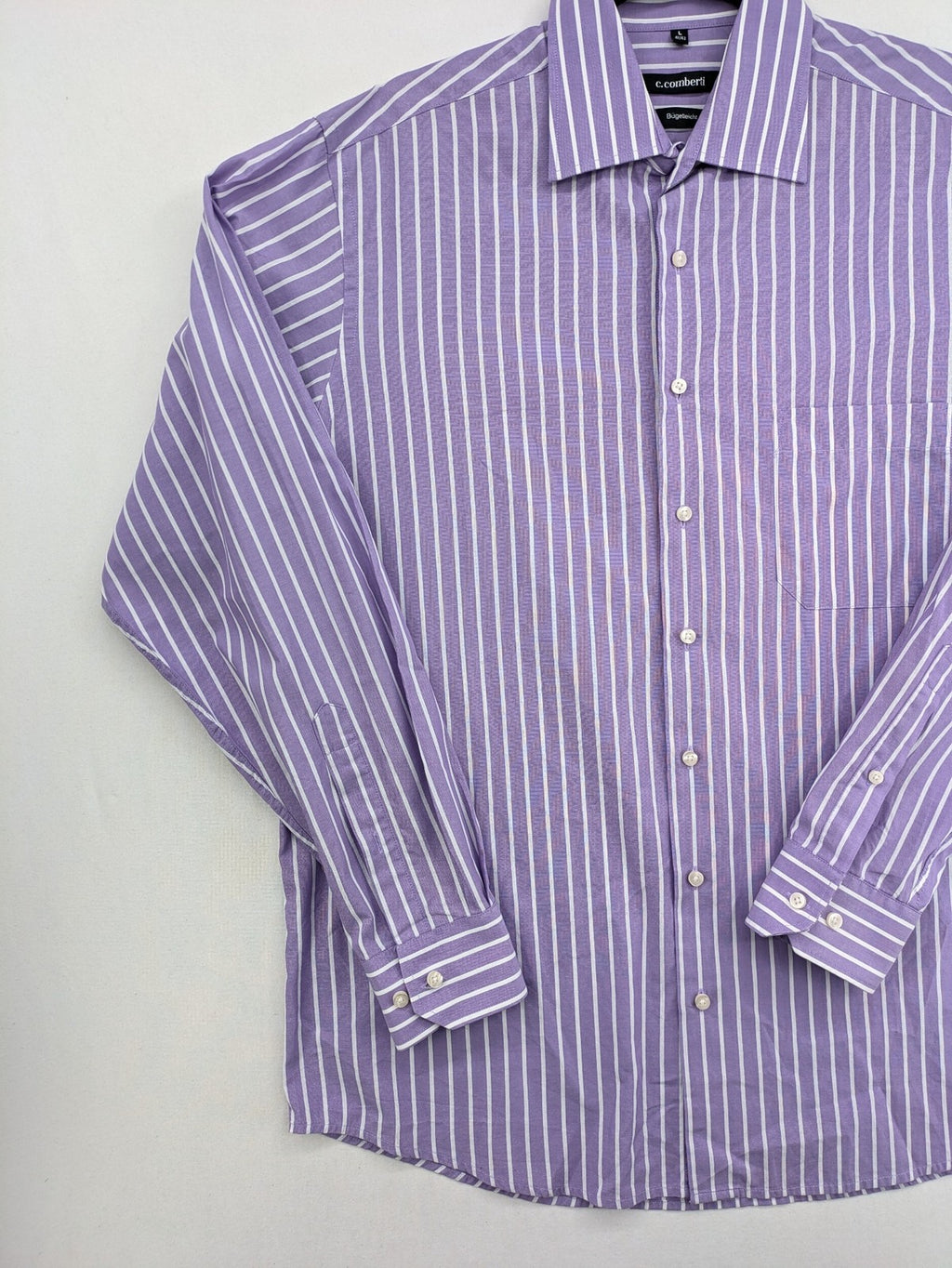 C.Comberti pink button-up shirt with vertical purple and white stripes, easy-care fabric.