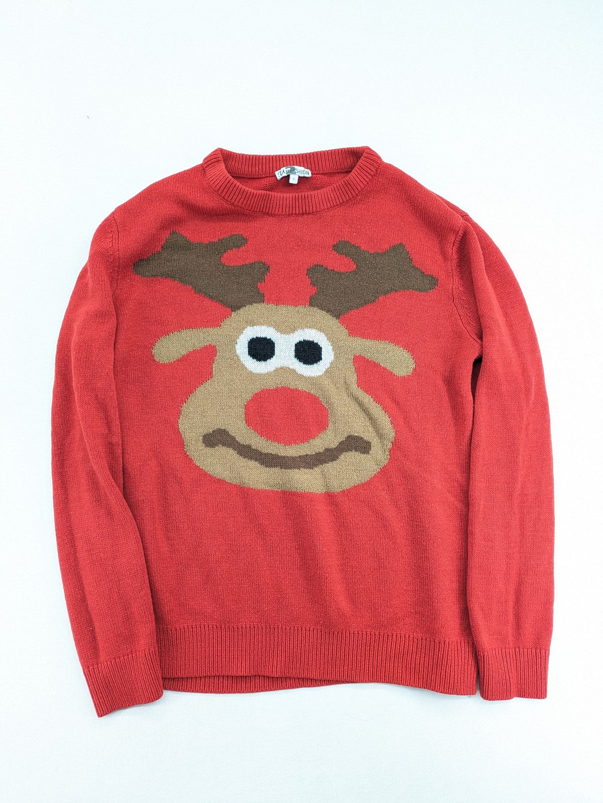Up Fashion multi turtle neck jumper red with large knitted reindeer face design