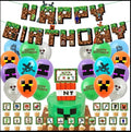 Game Mine black and green toy gift basket with Minecraft character balloons and cake toppers.